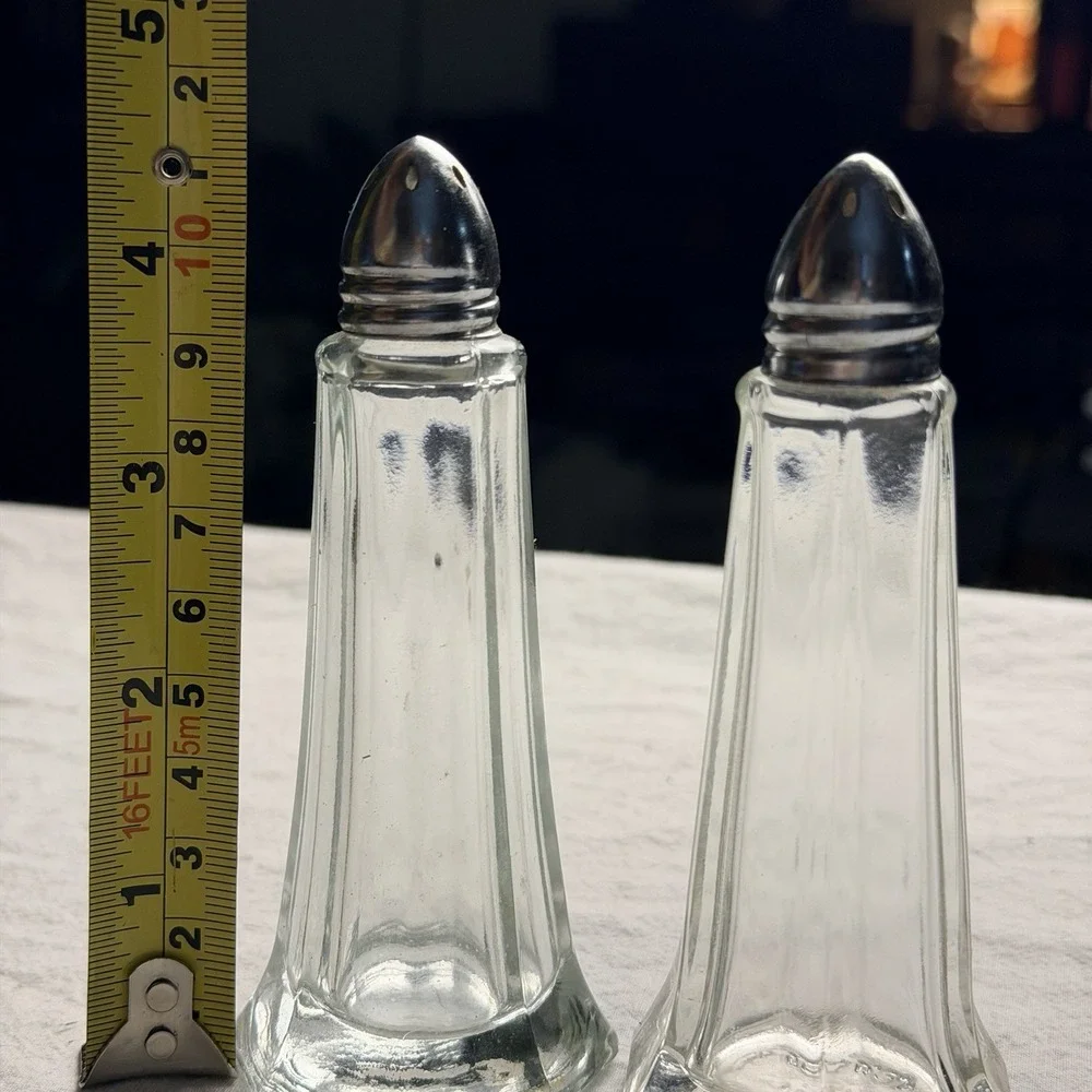 Vintage Salt And Pepper Shakers Clear Glass Tower Shape Octagon Base Metal Caps